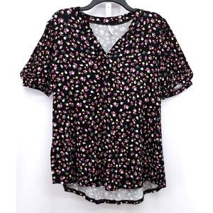 Anyally Shirt Womens Large Black Floral V-Neck Blouse